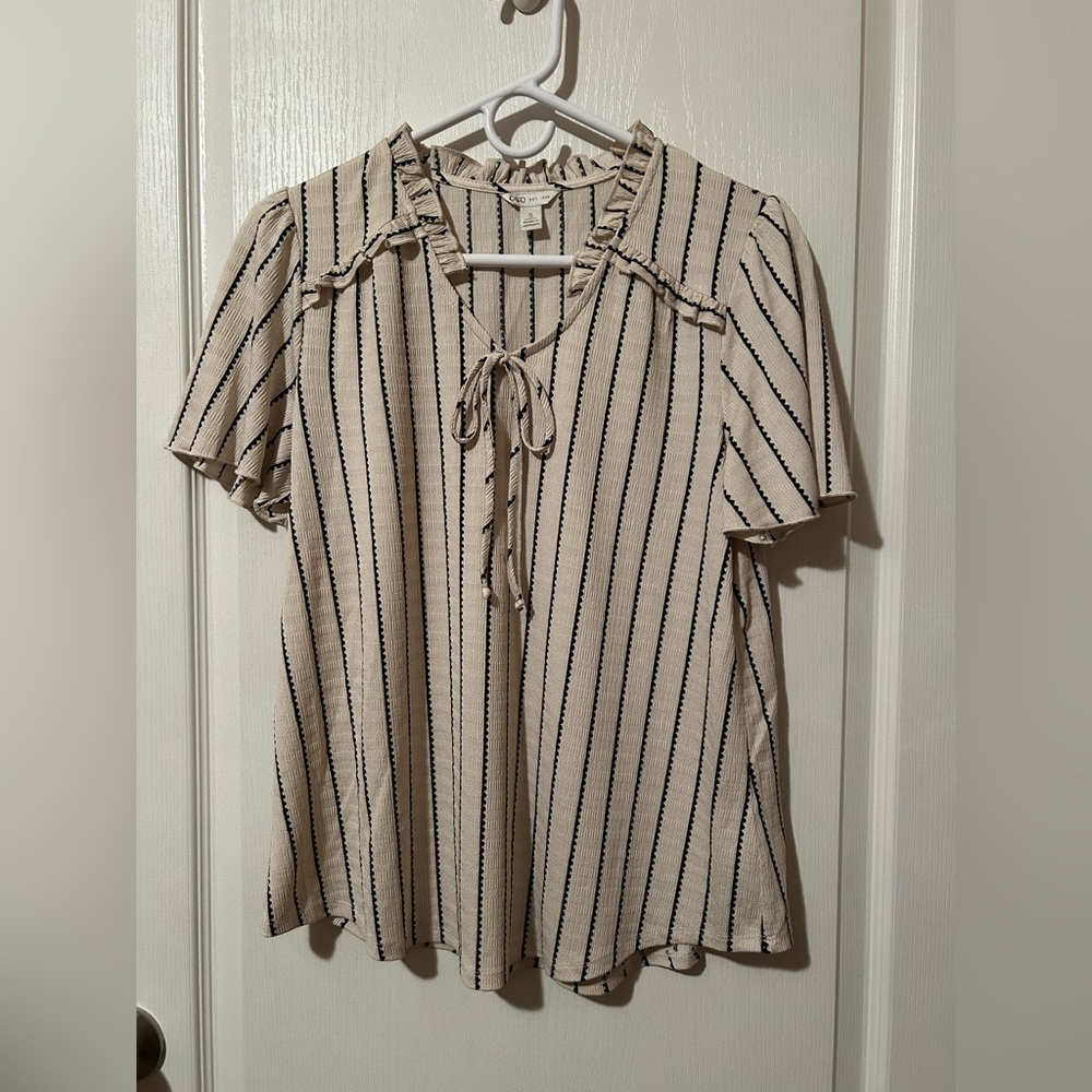 Cato Cream Blouse with Black Stripes and Tie-Neck
